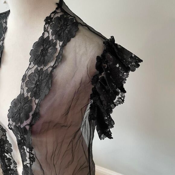 Black Lace Ruffle Floral Sheer Cardigan Women's Small Fairy Goth Regency READ - Picture 2 of 6